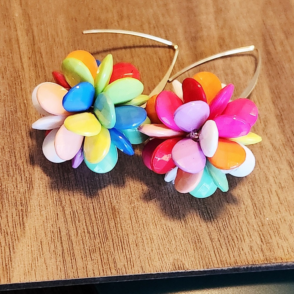 Multicolor Rainbow Cluster Pom-Pom‎ Drop Earrings Gold Tone Kidney Wire Hooks